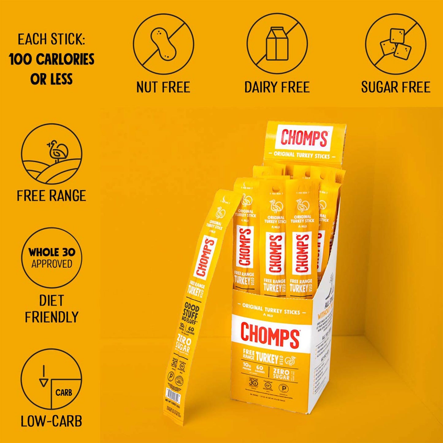 Chomps Free Range Turkey Jerky Snack, Keto, Paleo, Low Carb, 60 Calories, 1.15 Oz Sticks, 10 Pack