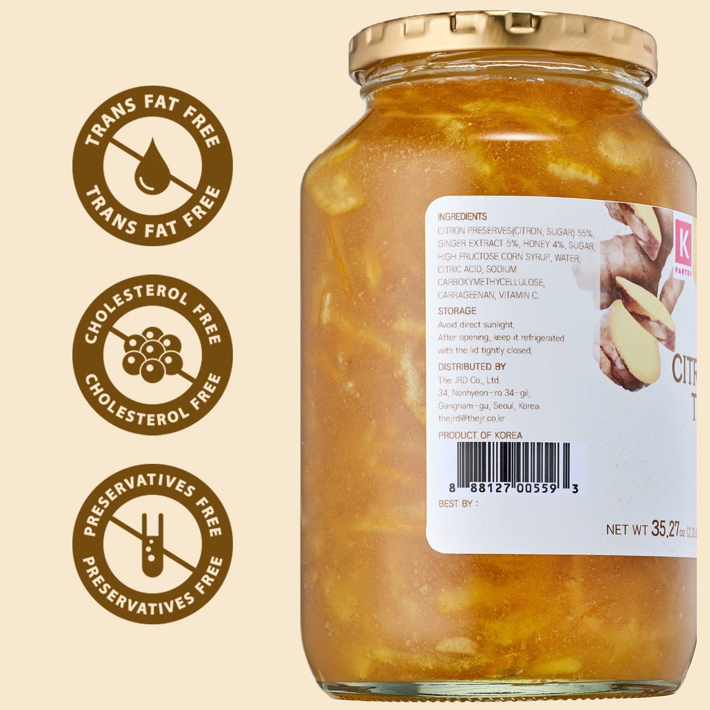 Kpantry Honey Citron & Ginger Tea - Korean Marmalade With Chemical-Free And Fresh Yuzu Citron 35.27 Oz 1 Pack - Ginger, And Sund