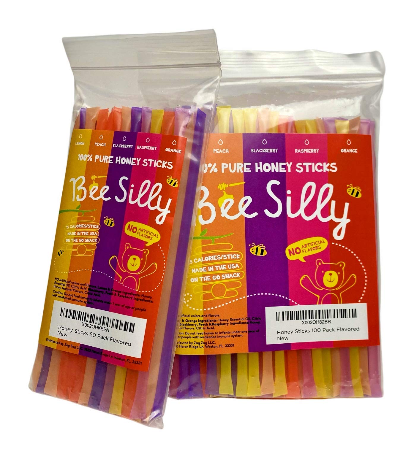 Bee Silly Honey Sticks (50 pack, Variety Pack: Lemon, Orange, Raspberry, Blackberry, Peach)