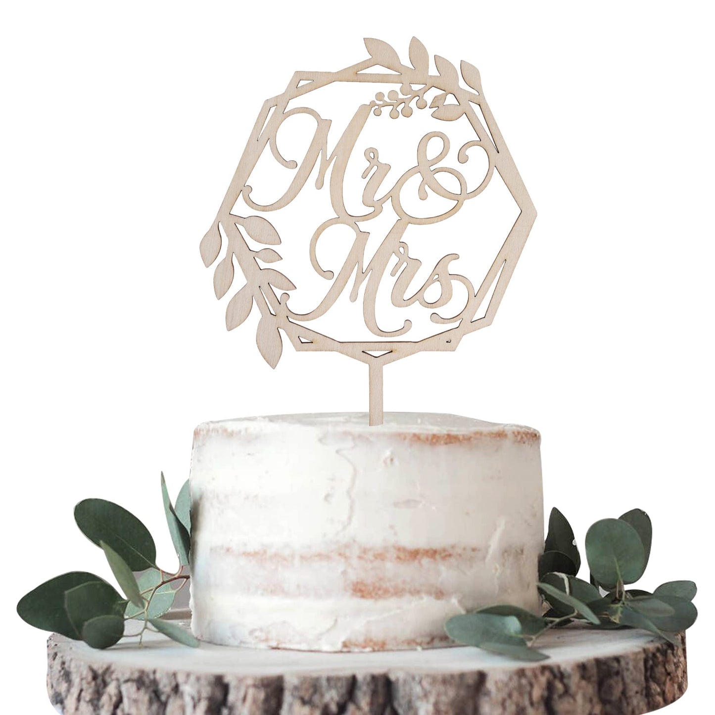 ZHUOWEISM Wooden Cake Topper - Mr & Mrs with Leaves Wreath - Small Size - Design 1 - Ideal for Weddings and Parties