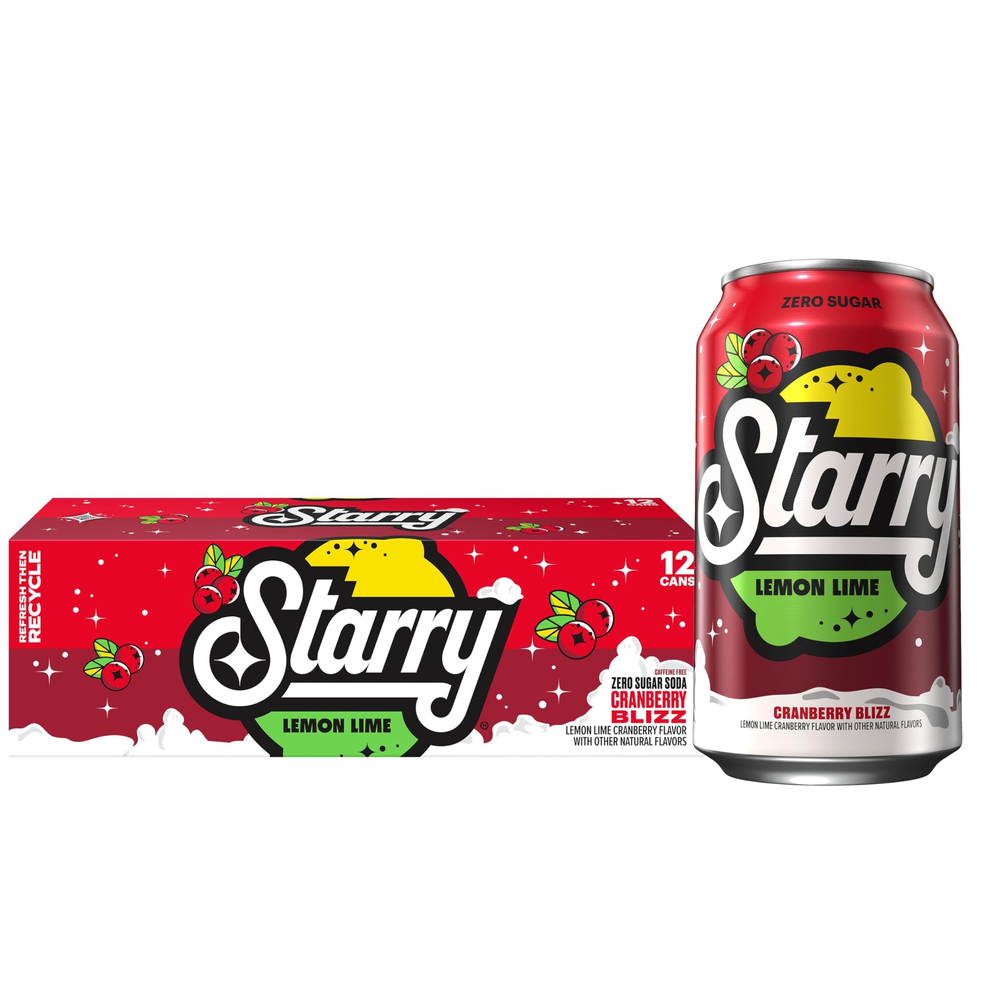 Starry Zero Sugar Cranberry Blizz Soda  Caffeine Free  12 Fl Oz Cans (Pack of 12)