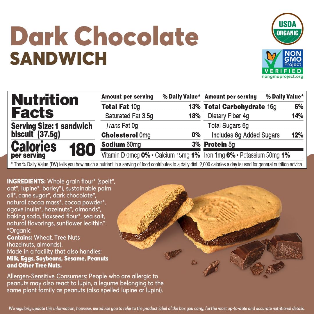 Olyra Dark Chocolate Sandwich Breakfast Biscuits, Organic Vegan, Low Sugar, High Fiber, Pack of 12