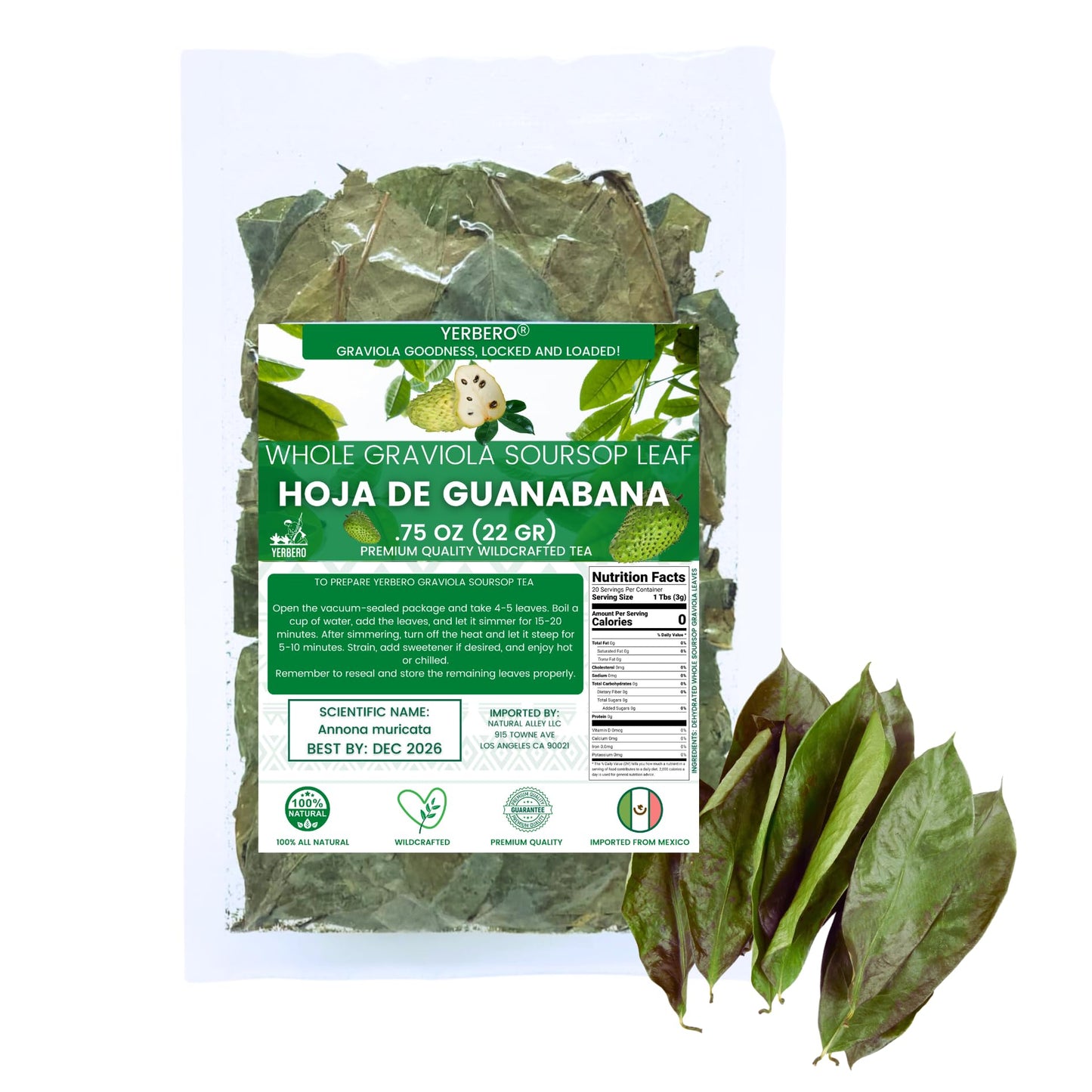Yerbero - Hoja De Guanabana Entera (.75 Oz - 22Gr) Whole Dried Graviola Soursop Leaves, 100% Natural Delicious| 20+ Servings | F