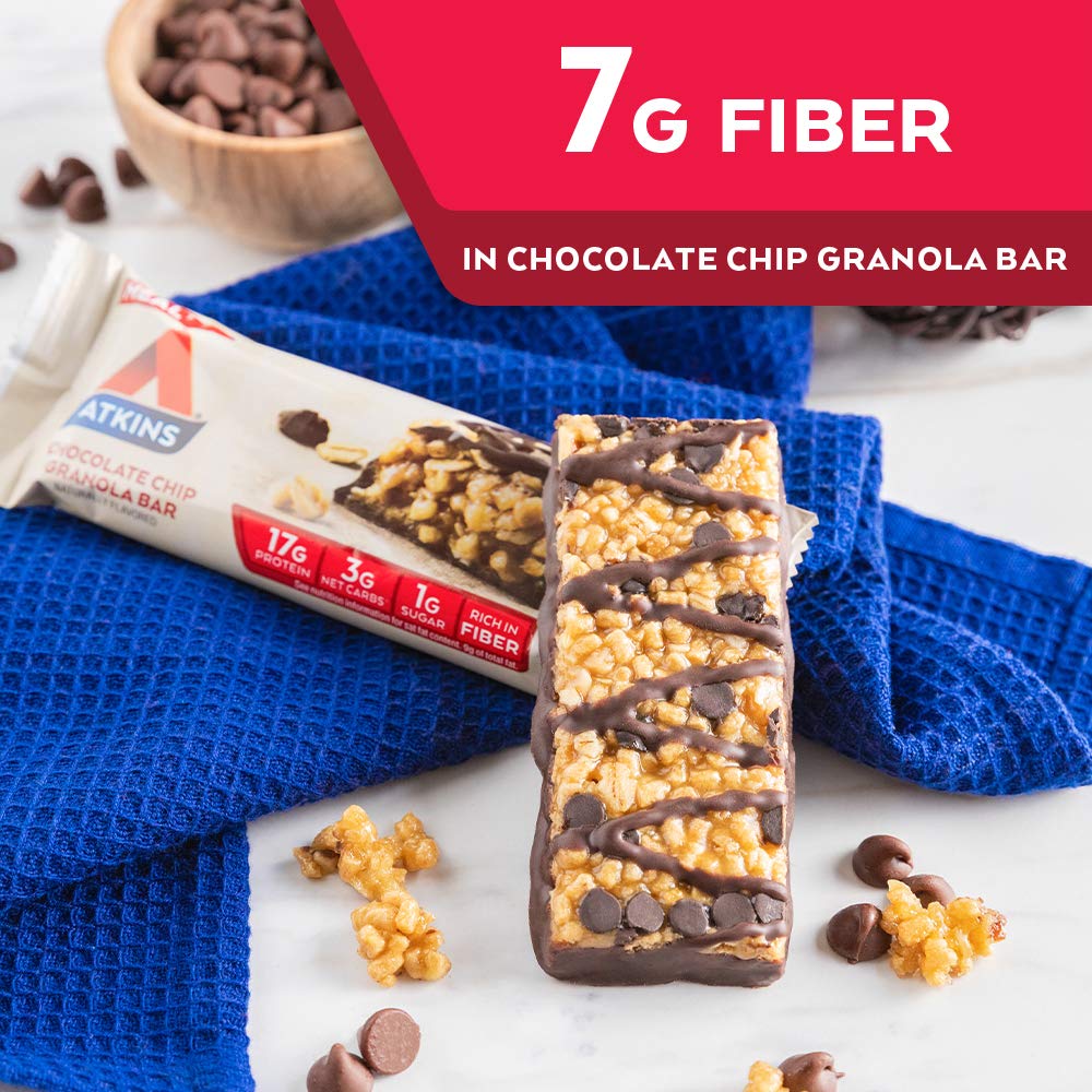 Atkins Chocolate Chip Granola Protein Meal Bar, High Fiber, 17g Protein, 1g Sugar, 3g Net Carbs, Meal Replacement, Keto Friendly