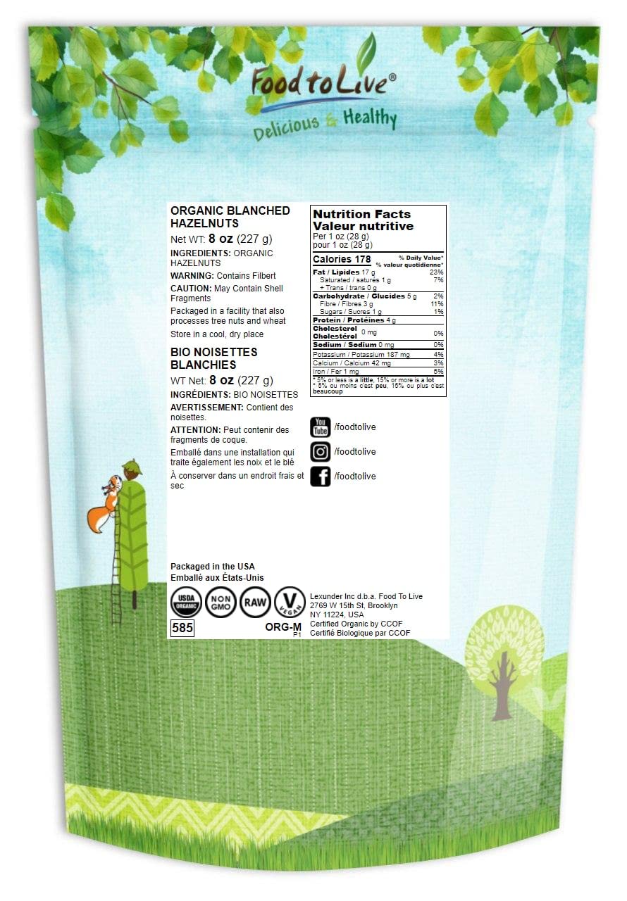 Organic Raw Blanched Hazelnuts, 8 Ounces - Non-Gmo Filberts, No Skin, Unsalted, Unroasted, Vegan, Bulk Nuts. Good Source Of Prot