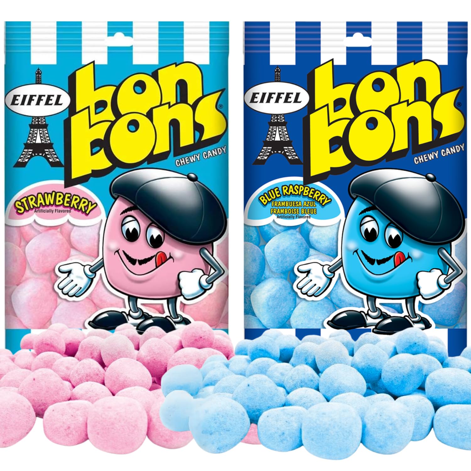 Eiffel Bon Bons Variety 2 Pack - Strawberry & Blue Raspberry - 4 oz bags Assortment Gift Set - Chewy French Candy Snack - Enjoye