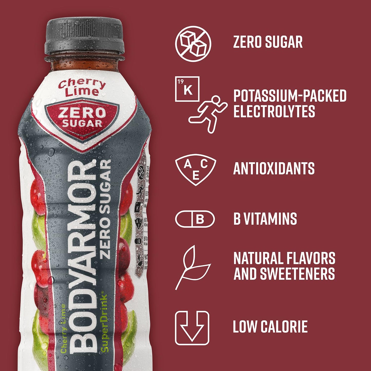 BODYprotective covering ZERO Sugar Cherry Lime Sports Drink - Sugar Free, Low-Calorie, 16 fl oz (Pack of 12)