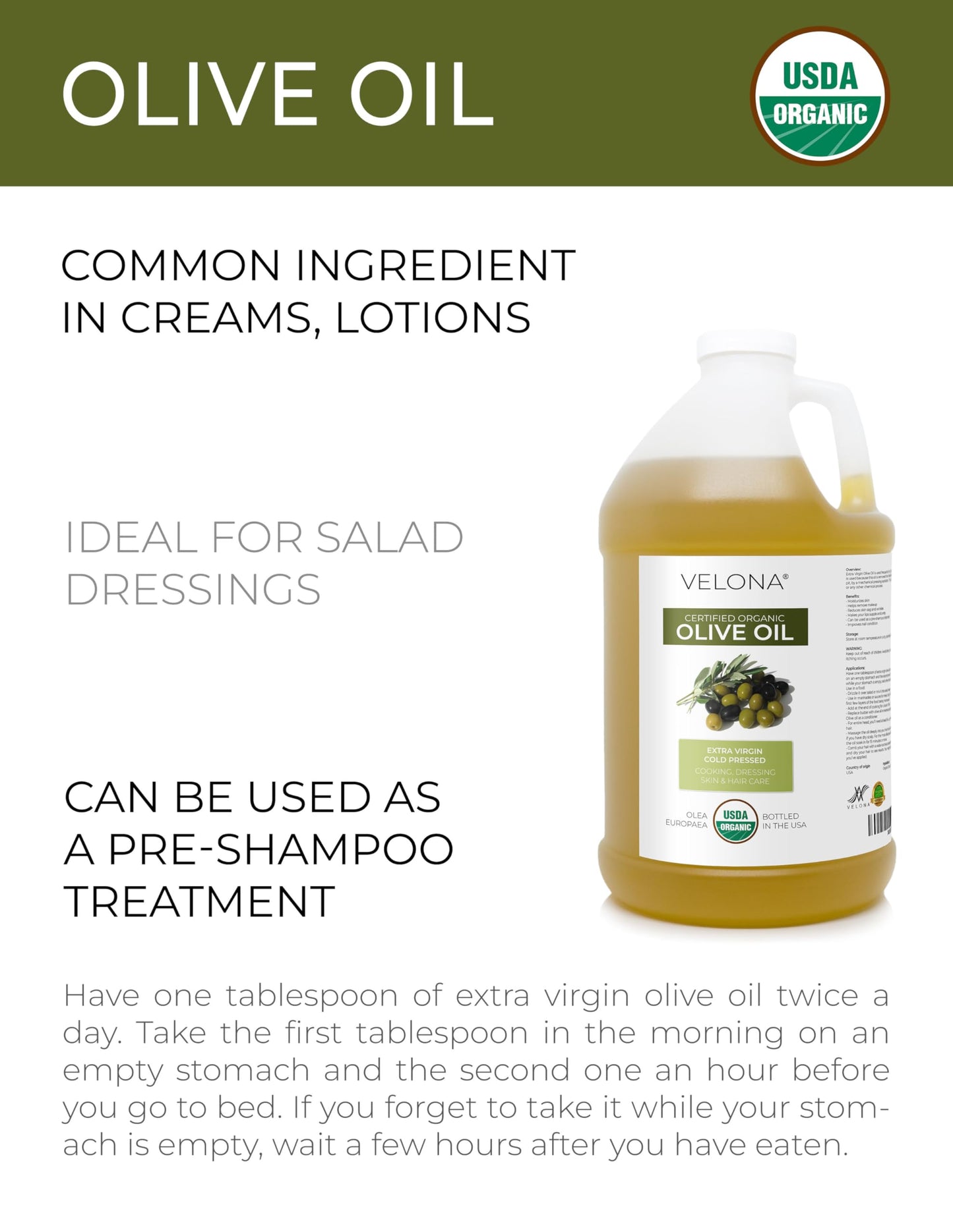 Velona Usda Certified Organic Olive Oil - 1 Gallon / 128 Fl Oz | 100% Pure And Natural Carrier Oil | Extra Virgin, Unrefined, Co