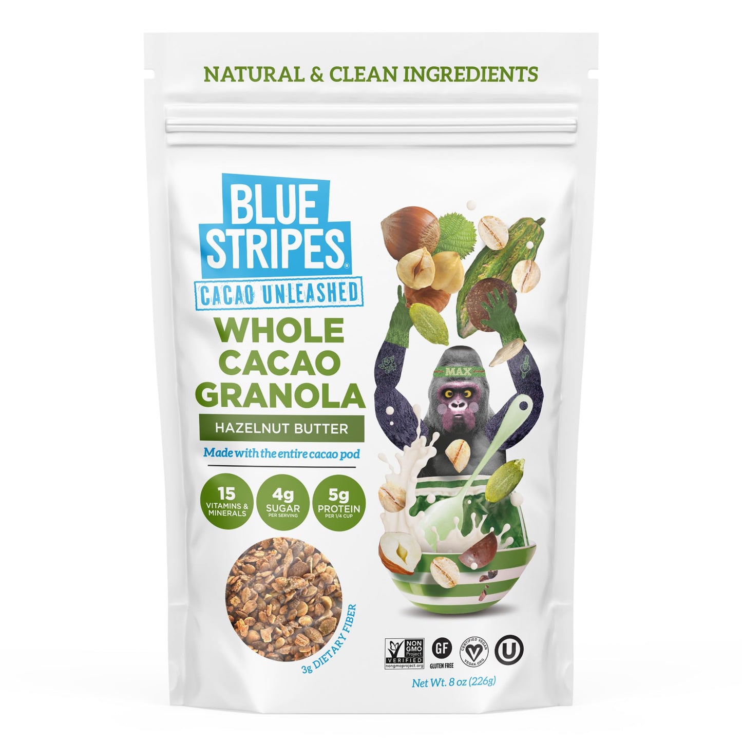 Blue Stripes Whole Cacao Granola - Gluten Free Dark Chocolate Granola for Cereal, Oatmeal, Yogurt, 5g Protein Per Serving, Sourc