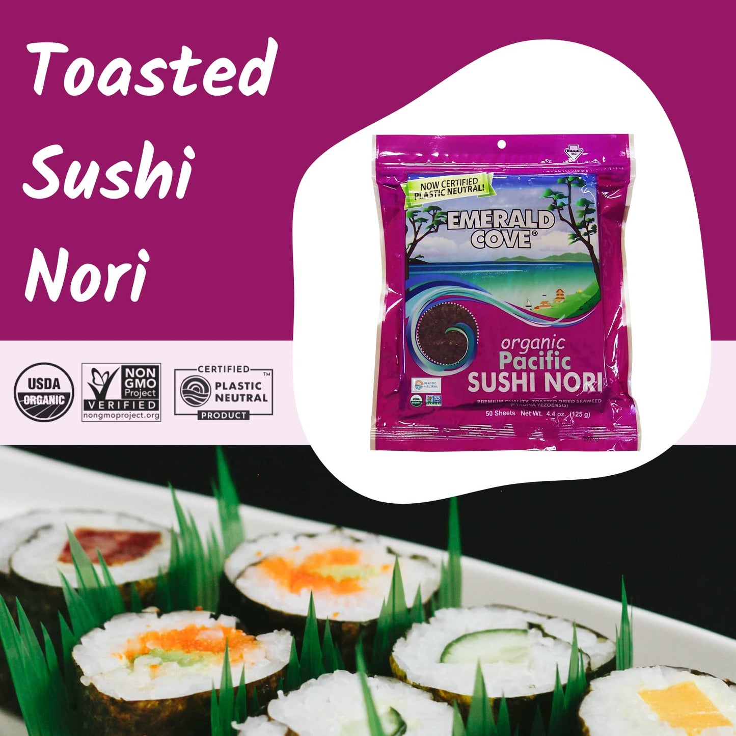 Emerald Cove Silver Grade Organic Pacific Sushi Nori (Dried Seaweed), 50-Count Sheets (Pack of 4)