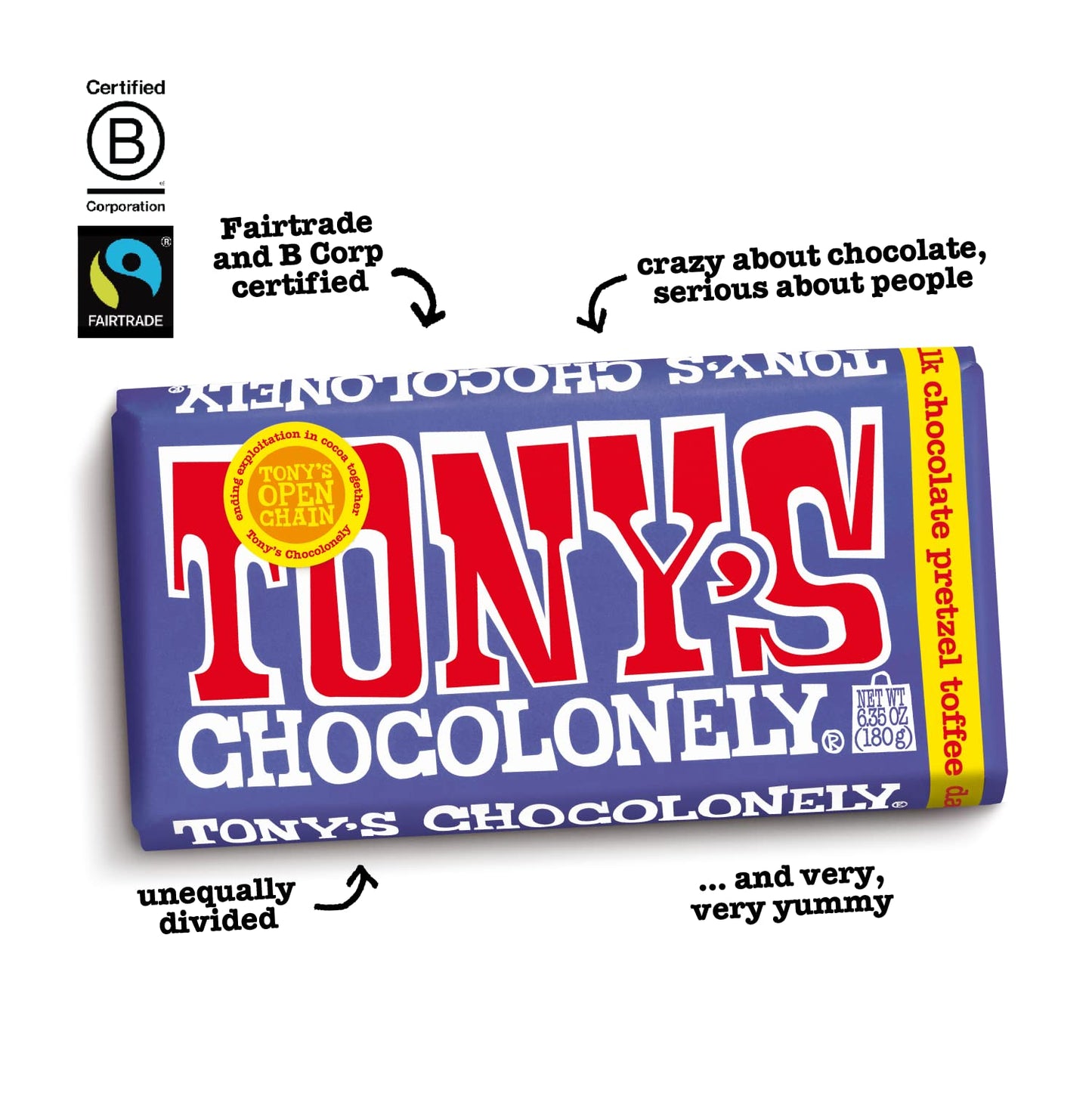 Tonys Chocolonely 42% Dark Milk Chocolate Bar with Pretzel & Toffee - Dark Milk Chocolate, Pretzel & Toffee Chunks, Belgium Cho