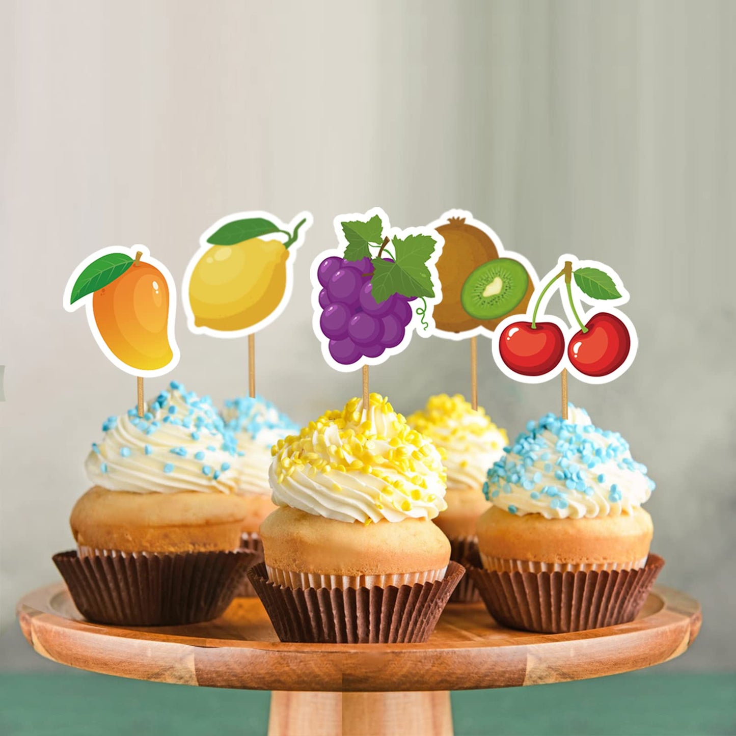 Mulukaya Fruit Cupcake Toppers, 30 Pcs, Paper, Watermelon Lemon G  Banana Strawberry, Model 552, Party Decorations