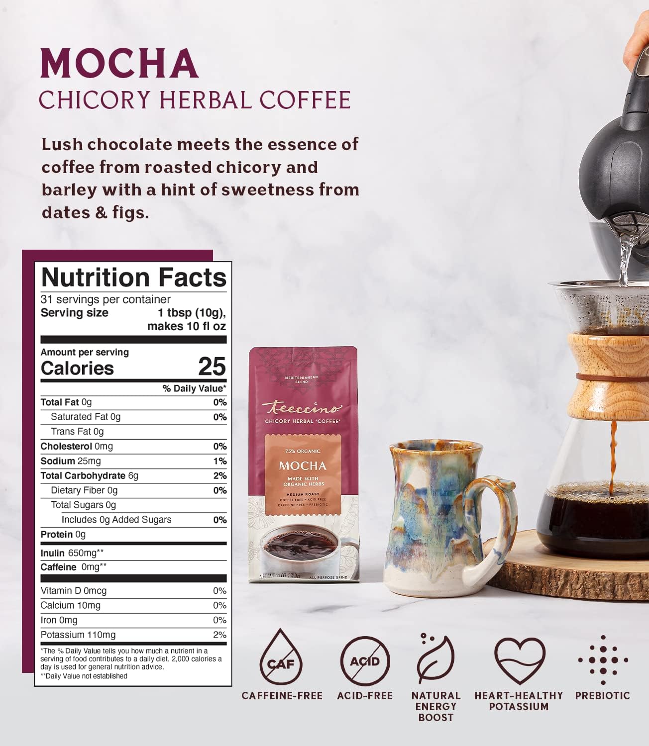 Teeccino Mocha Chicory Coffee Alternative, Medium Roast, Caffeine-Free, 11 Ounce