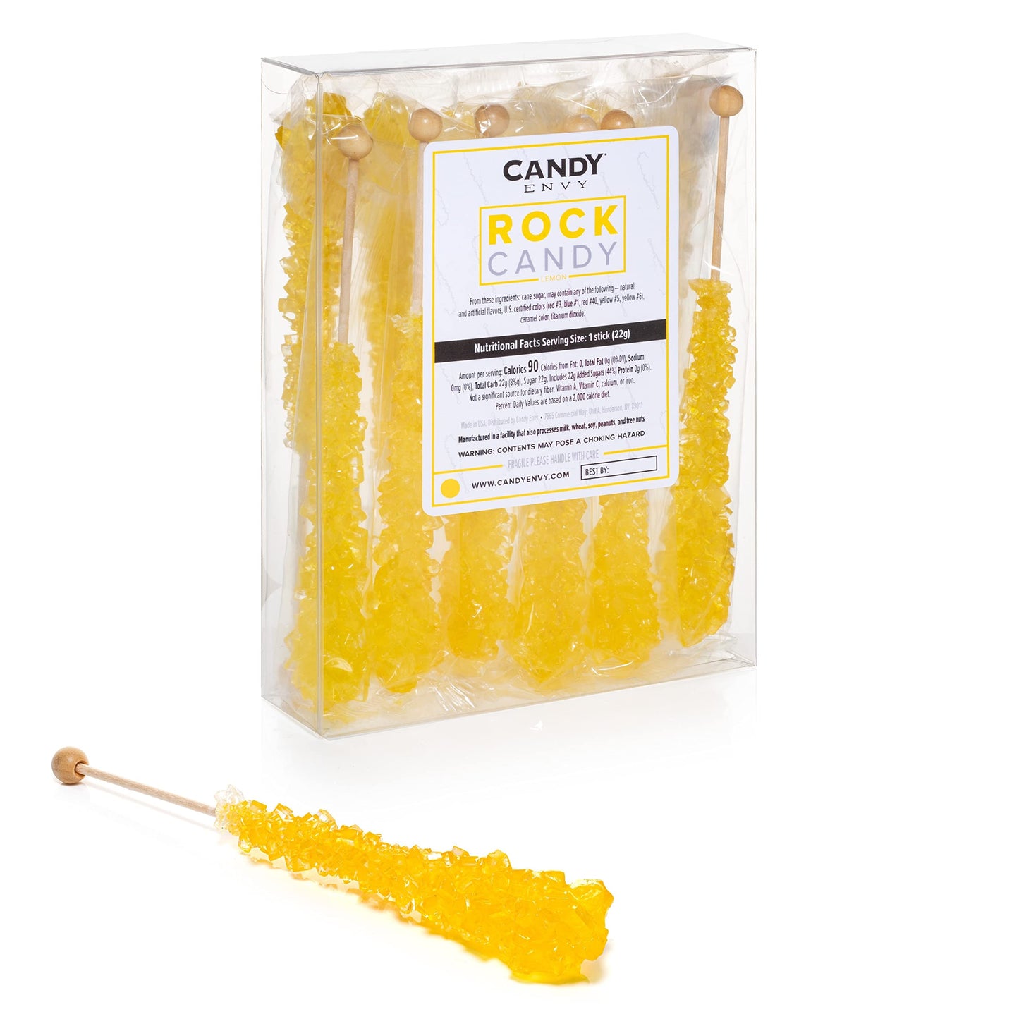 Yellow Rock Candy Crystal Sticks - Lemon Flavored - 12 Indiv. Wrapped
