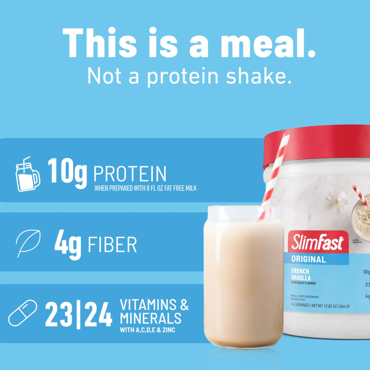 SlimFast Meal Replacement Powder, French Vanilla, 10g Protein, 1.26 lb, Pack of 1, Model 1114153, White