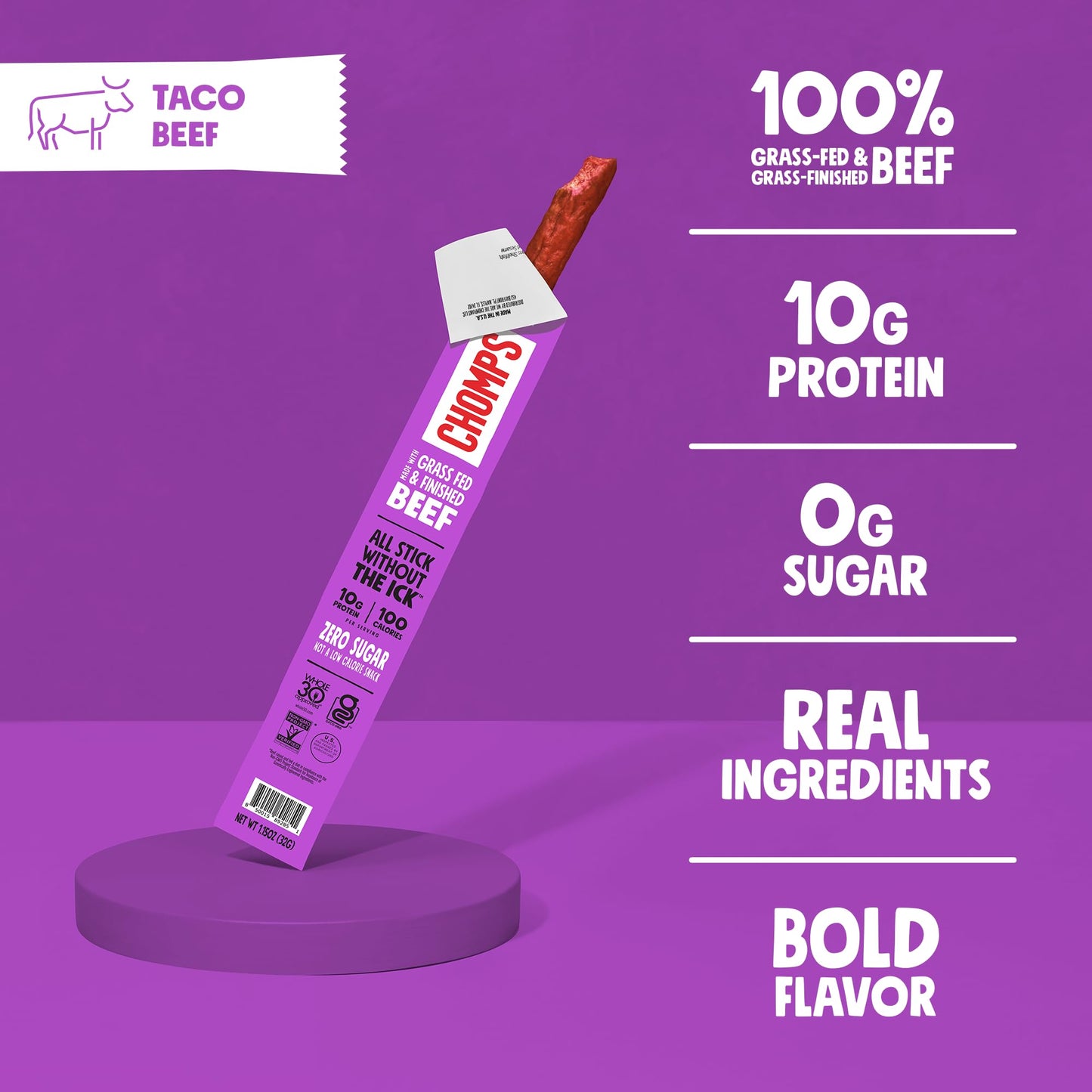 Chomps Grass-Fed Taco Beef Jerky Snack Sticks, 24-Pack, Keto, Paleo, Gluten-Free, 10g Protein