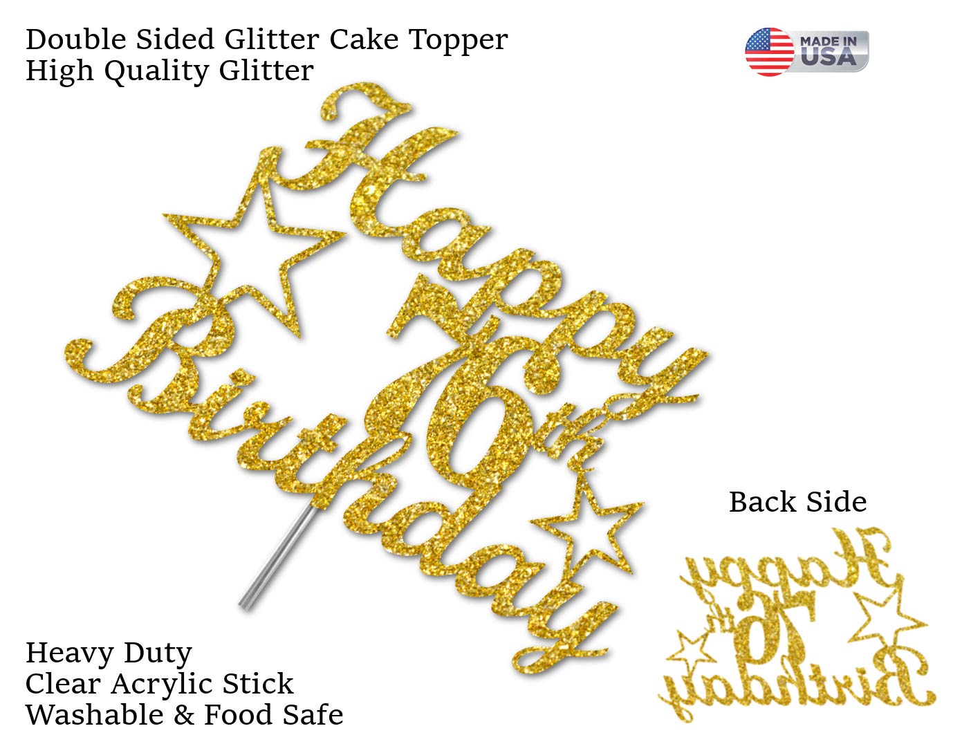 76 Birthday Cake Topper Gold Glitter, Party Decoration Ideas, Premium Quality, Sturdy Doubled Sided Glitter, Acrylic Stick. Made