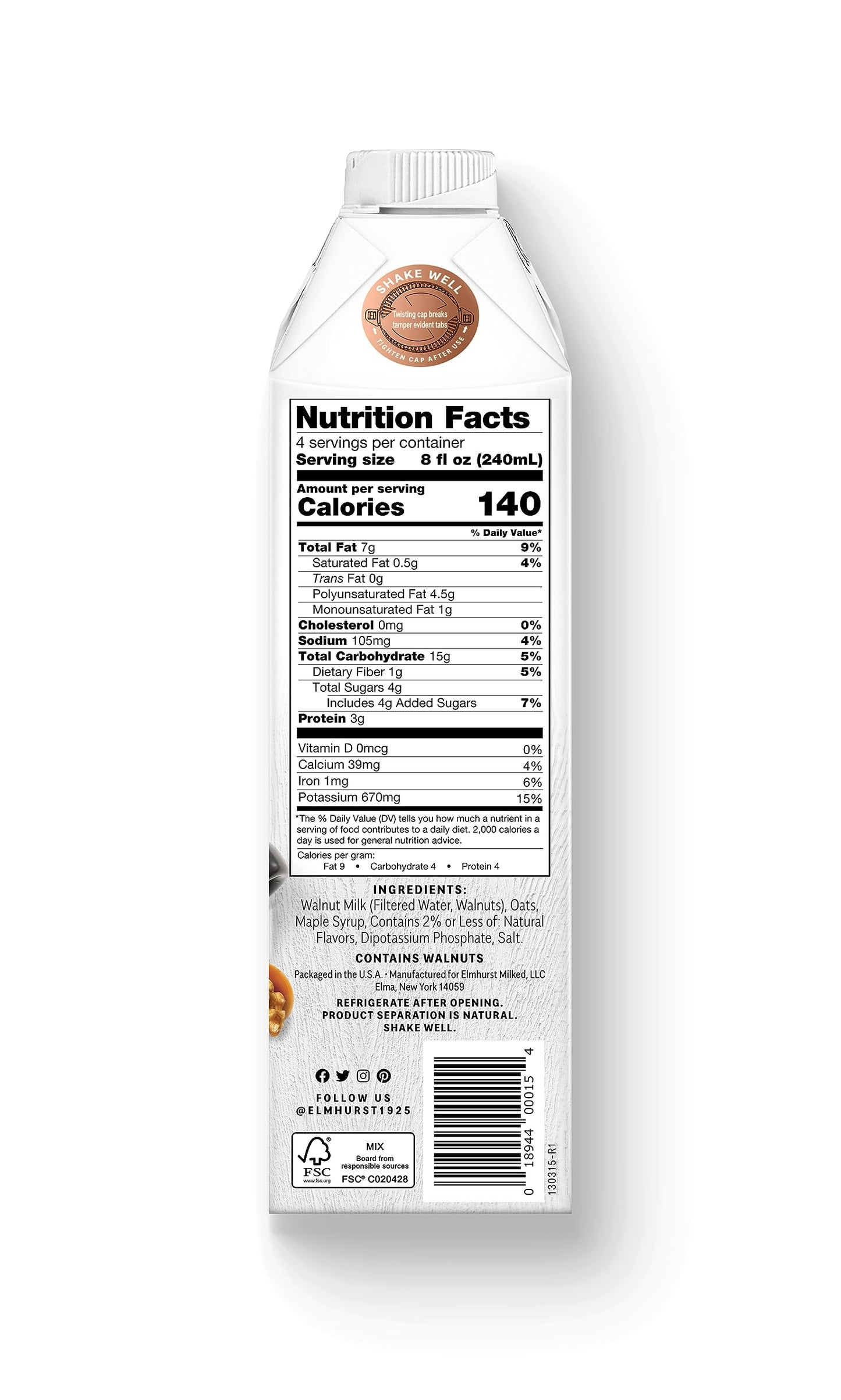 Elmhurst 1925 Maple Walnut Milk Barista Edition - 32 Ounce (Pack of 6) Plant-Based, Extra Creamy, Vegan, Dairy-Free, Non-GMO, Ko
