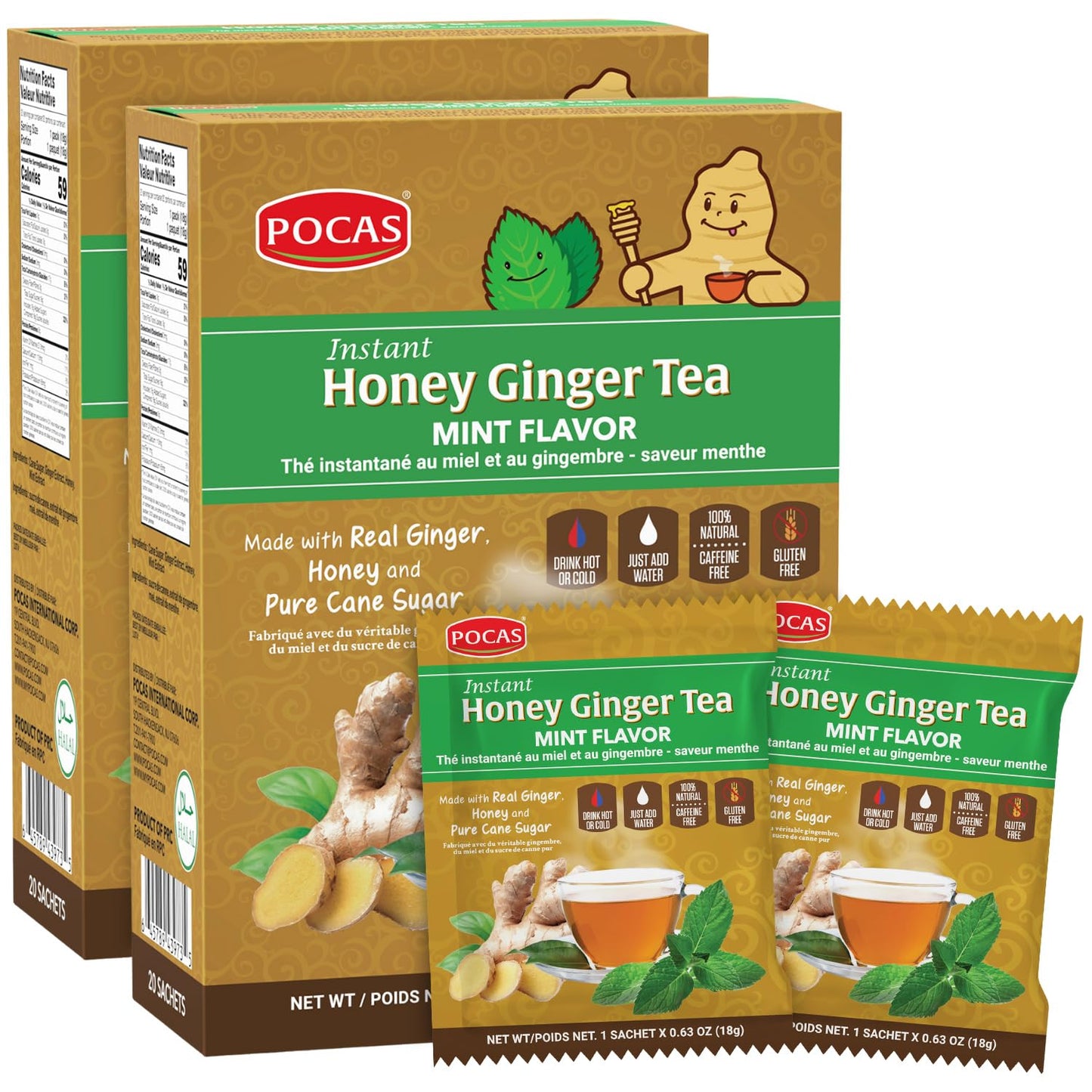 Pocas Honey Ginger Instant Tea Powder, Mint Flavor, Caffeine-Free, 20 Count (Pack of 2)