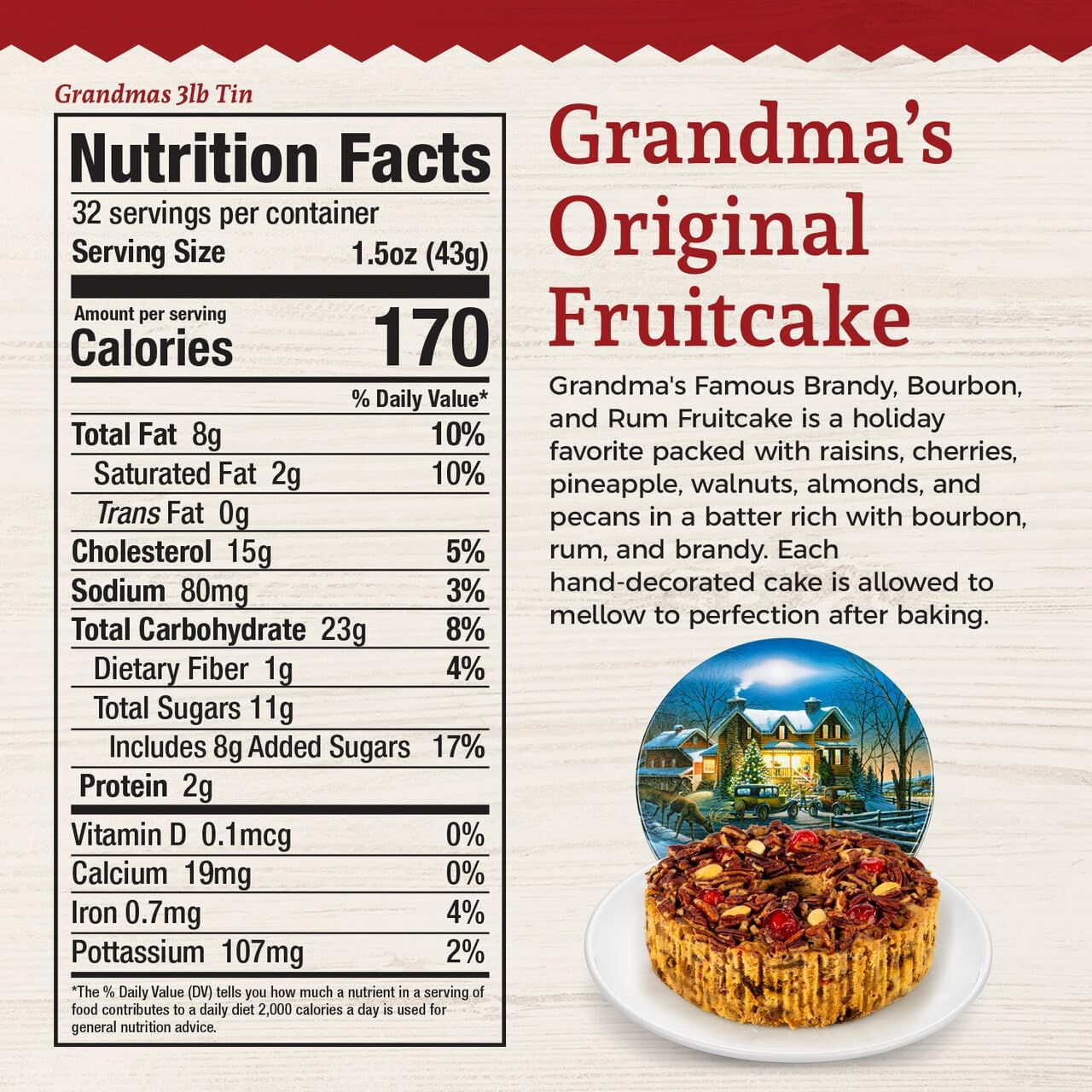 Beatrice Bakery Co. Original Fruitcake in Holiday Tin, 48 oz, Freshly Made