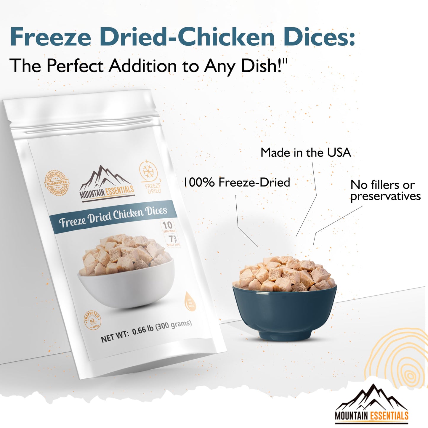 Mountain Essentials Freeze-Dried Diced Chicken – Fully Cooked And Ready To Eat | Everyday Pantry Staple For Meal Prep, Camping & Emergency Survival | Enhanced Quality Meat | 10 Servings Per Pouch | Made In Usa | 7-Year Shelf Life | Pack Of 1