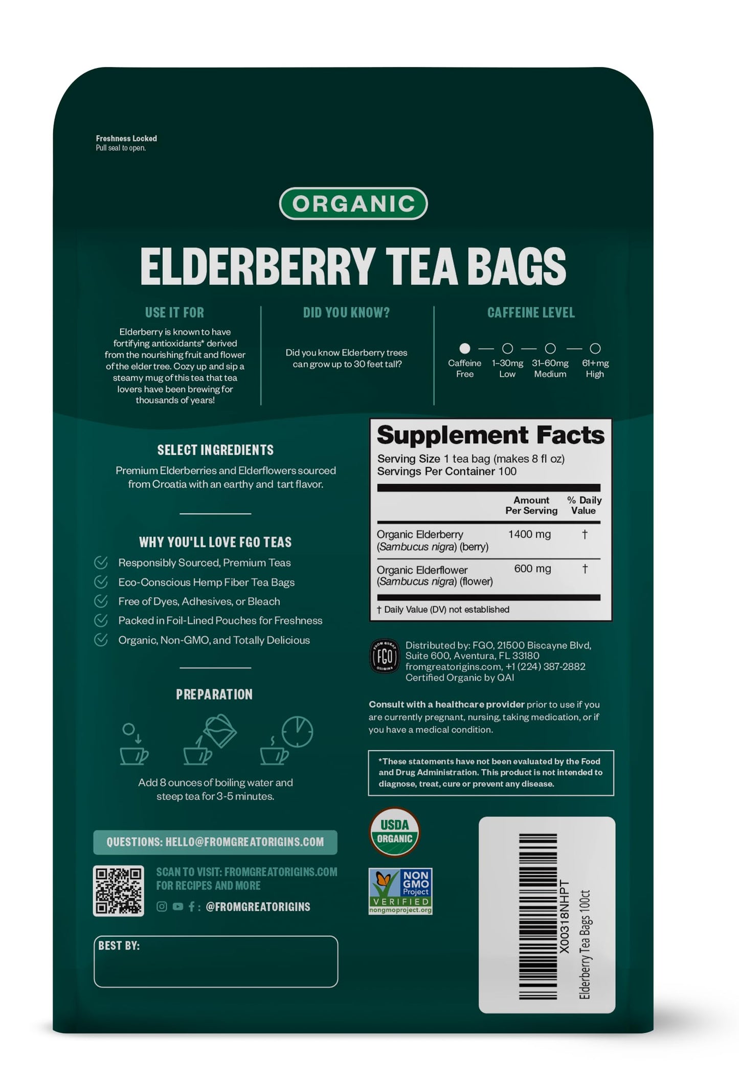 Fgo Organic Elderberry Tea, Eco-Conscious Tea Bags, 100 Count, Packaging May Vary (Pack Of 1)