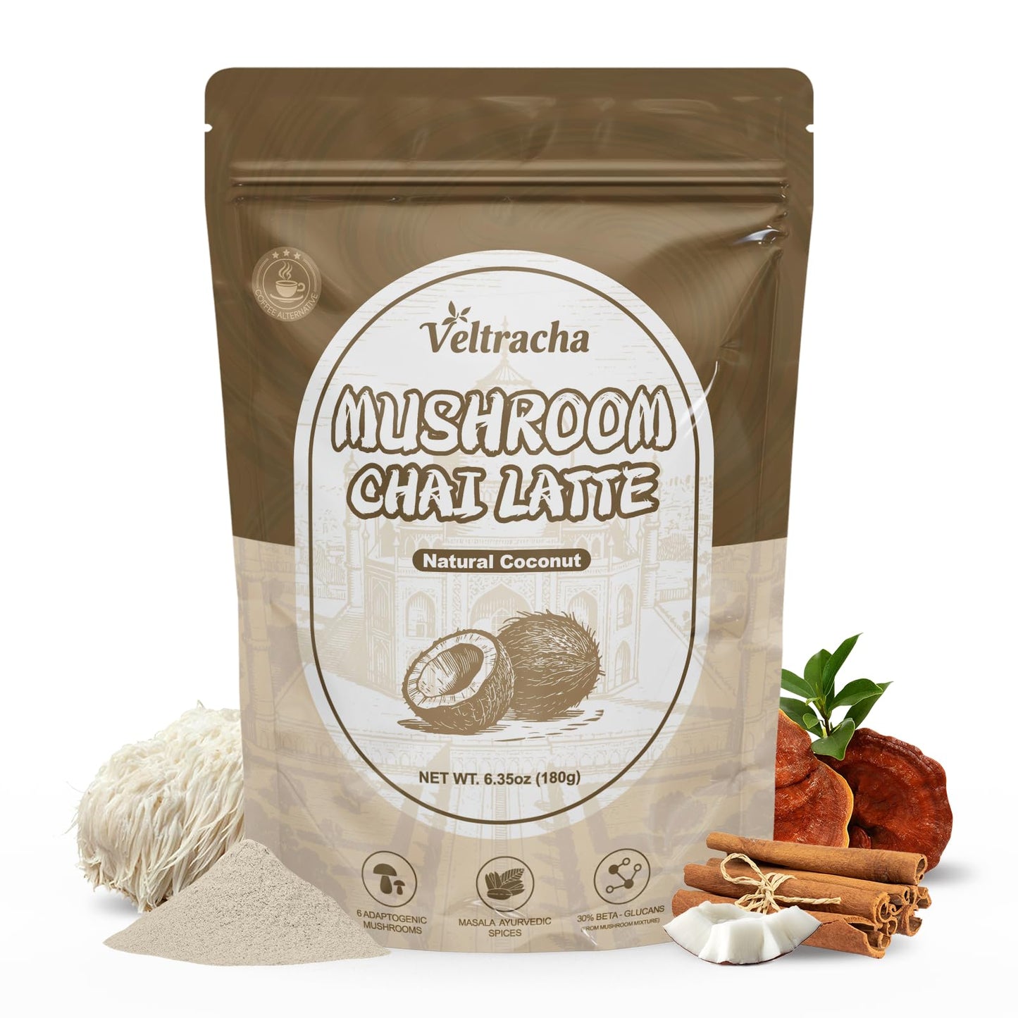 Veltracha Mushroom Chai Tea  Instant Decaf Chai Tea Powder With 6 Adaptogenic Mushrooms  Spiced Chai Latte For Energy & Focus Support  6.35 Oz 20 Servings (Natural Coconut)
