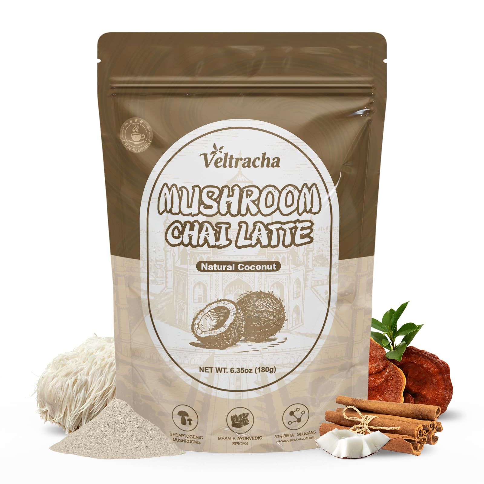 Veltracha Mushroom Chai Tea  Instant Decaf Chai Tea Powder With 6 Adaptogenic Mushrooms  Spiced Chai Latte For Energy & Focus Support  6.35 Oz 20 Servings (Natural Coconut)