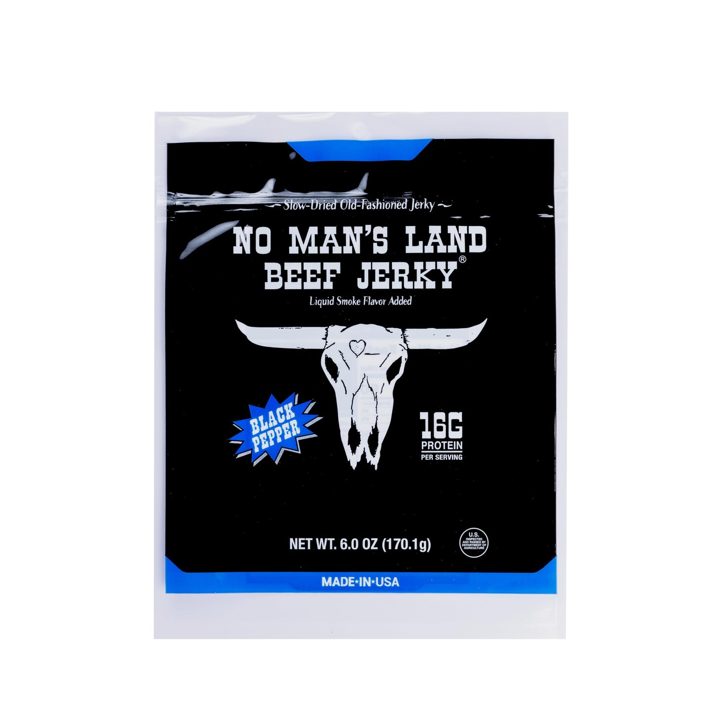 NO MANS LAND BEEF JERKY - Beef Snack, Low Calorie, Low Carb, High Protein, Black Pepper, 6 Ounce (Pack of 1)