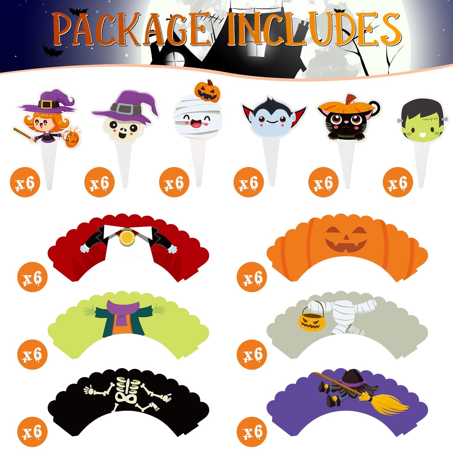 Fumete 72 Pcs Halloween Cupcake Toppers Party Cake Toppers Wrappers Pumpkin Vampire Witch Cupcake Toppers Halloween Cupcake Line