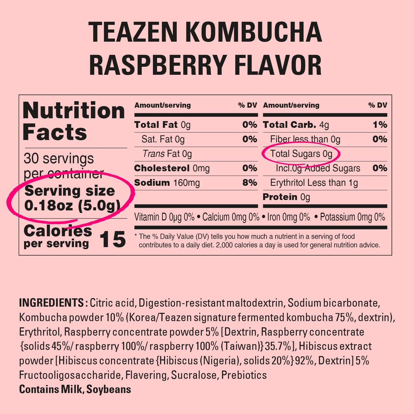 Teazen Raspberry Kombucha Tea, Hydration Drink Mix, Sugar Free, Live Probiotics & Prebiotics, 30 Sticks, 5.29Oz