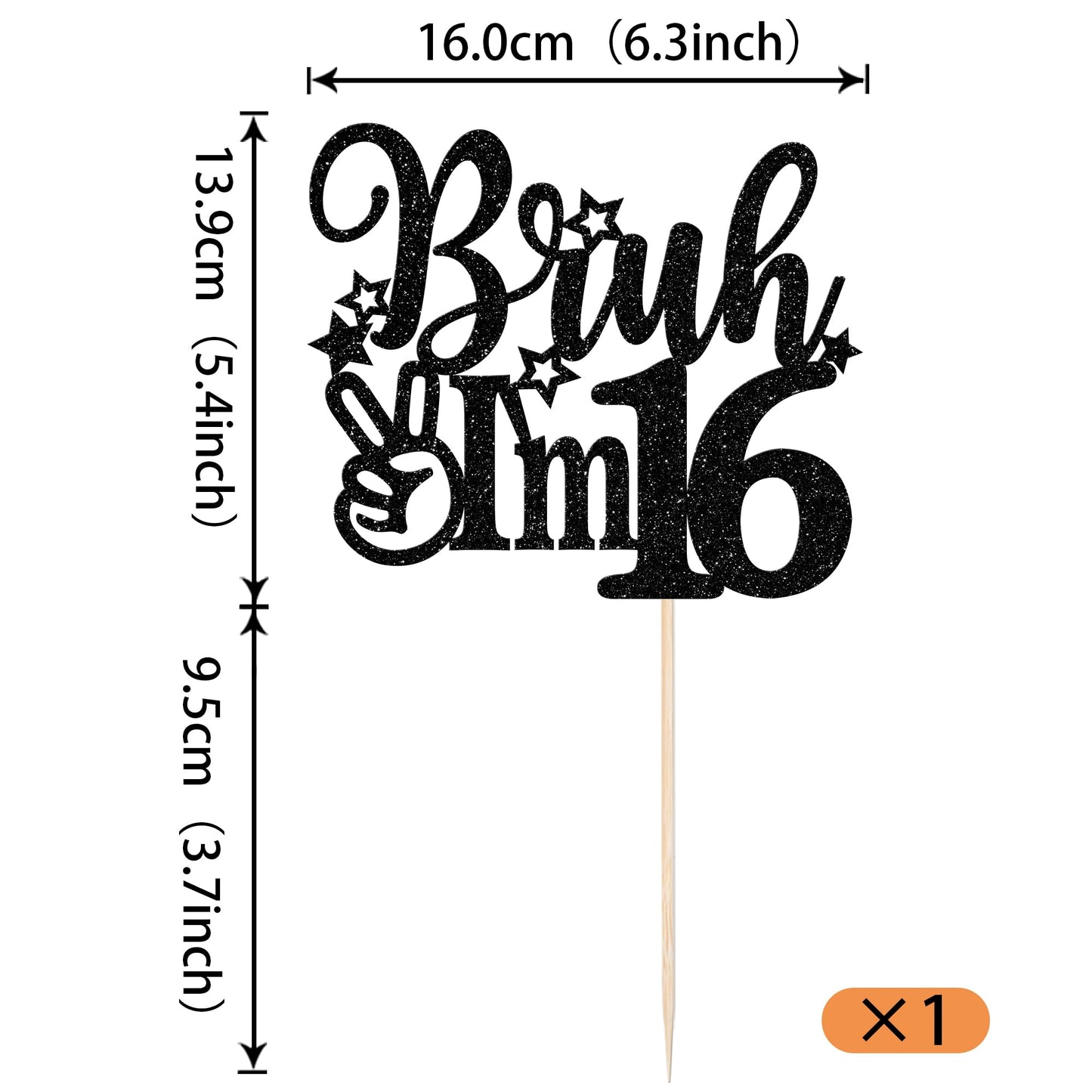 Rssta i Cake Topper Black Star Glitter 16th Birthday Decorations, Model XM1222-16, 1 Pack