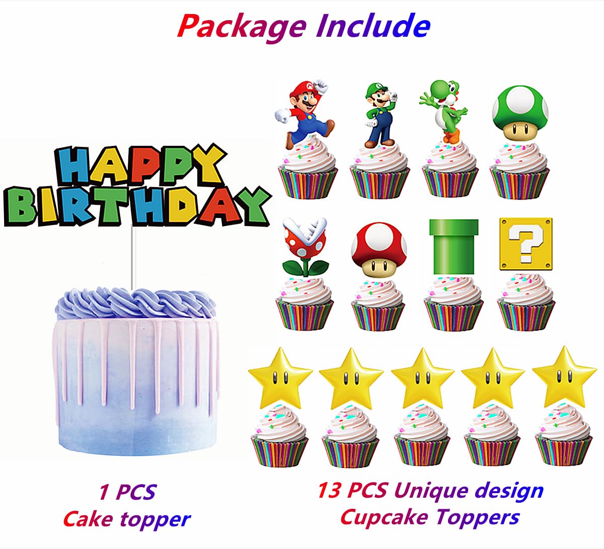 14Pcs Mario Cake Topper For Mario Birthday Party Supplies