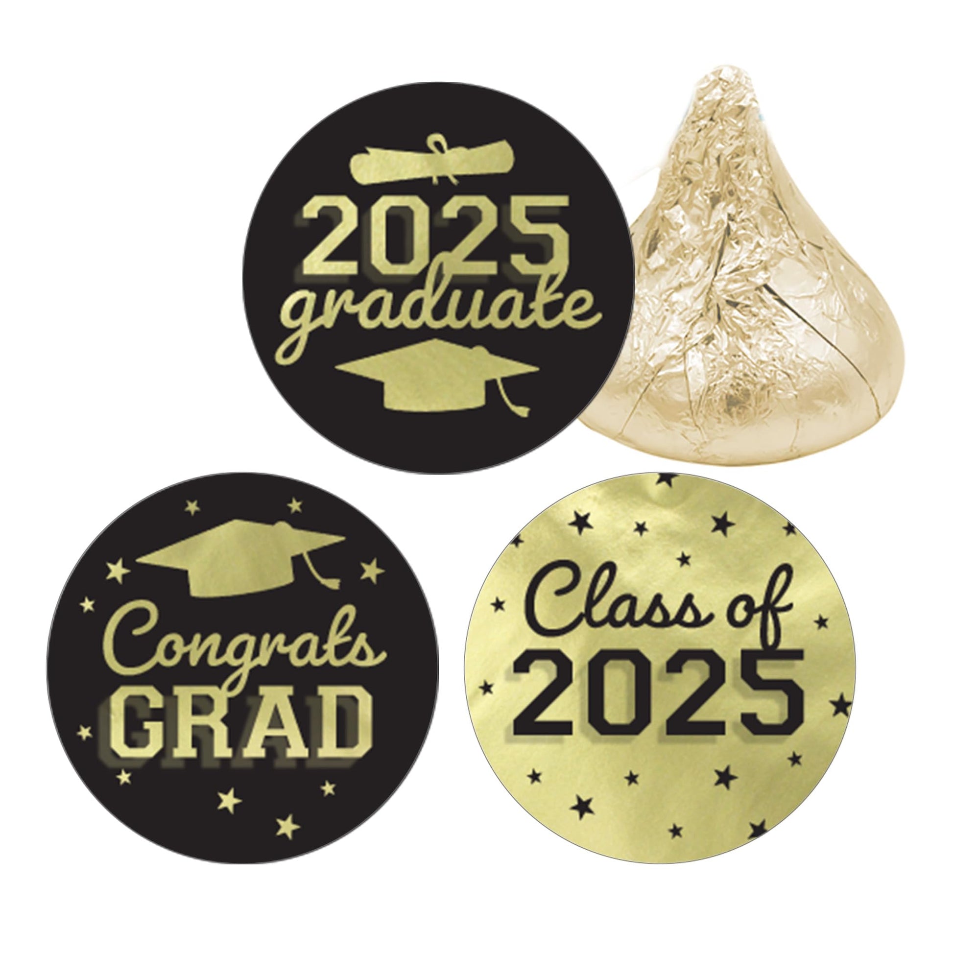 Black and Gold Graduation Party Stickers for Kisses Candy, Chocolate Drops, 2025 Grad Party Favors - 180 Count