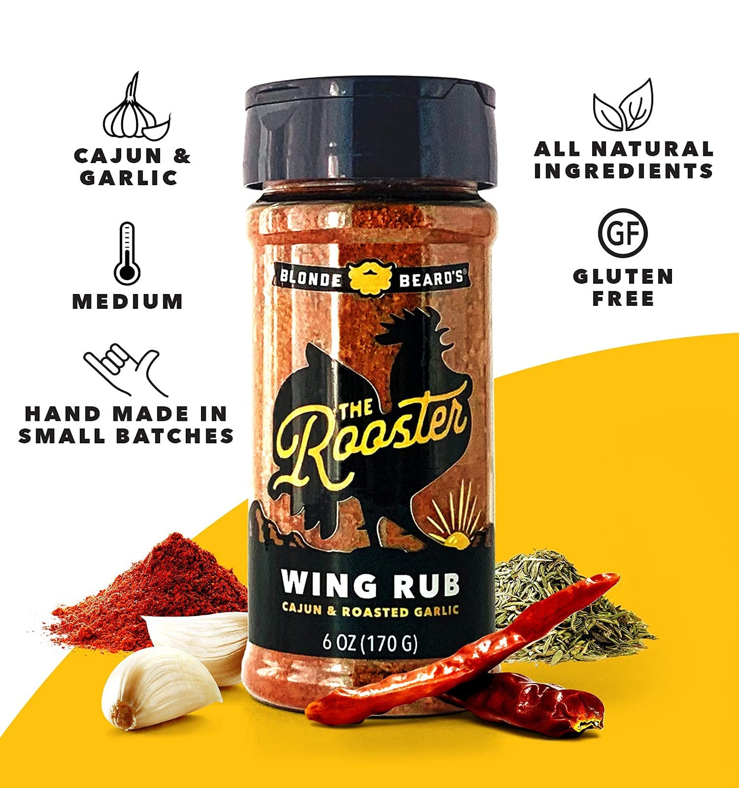 Blonde Beard'S Rooster Chicken Wing Rub (Mild/Medium) - Gourmet Bbq Rub Made With Roasted Garlic & Cajun Seasoning - Great On Ch