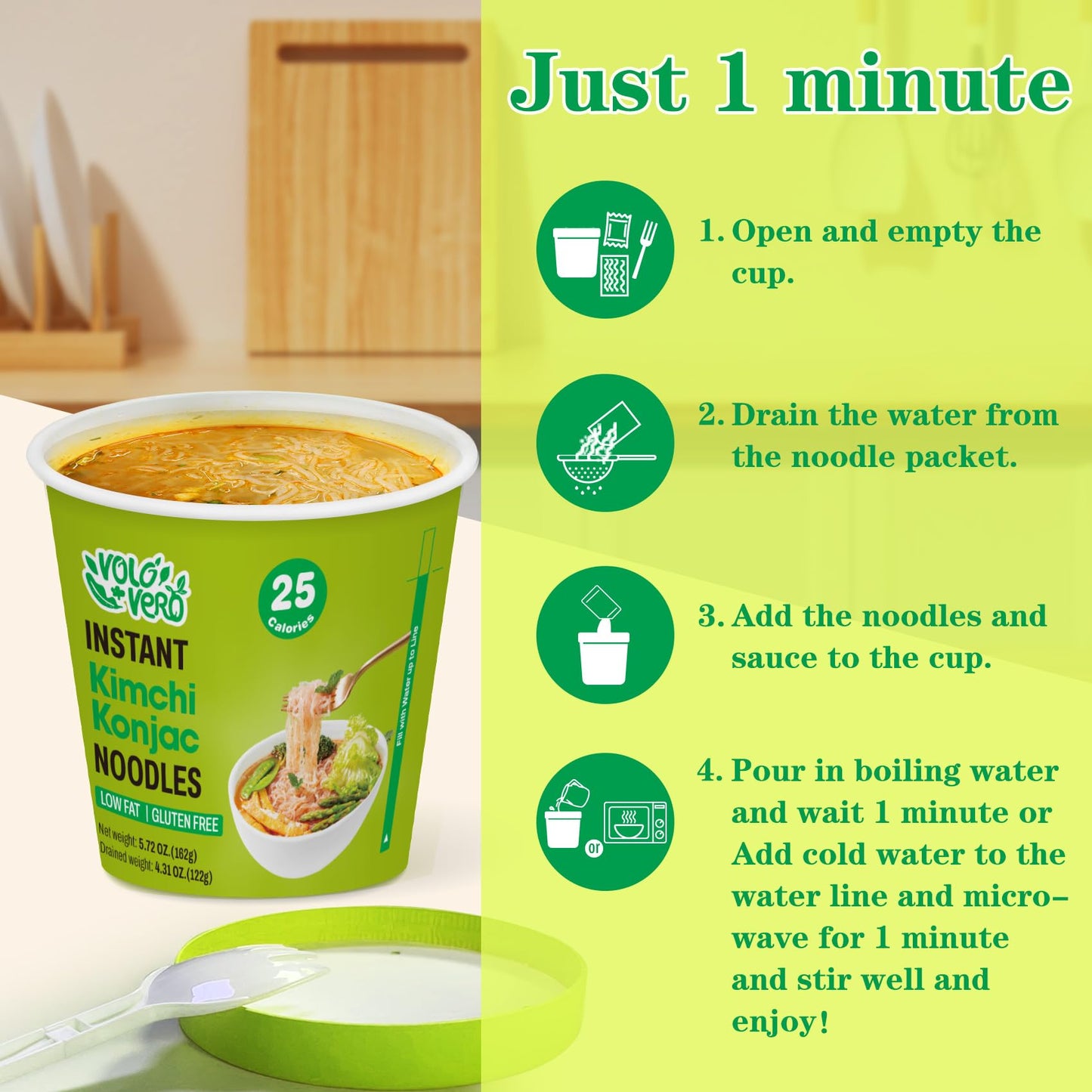 Volo Vero Konjac Noodle Soup Cup Kimchi Flavor, 6 Packs Low Carb Instant Shirataki Noodles Angel Hair Pasta, Gluten Free, Keto F