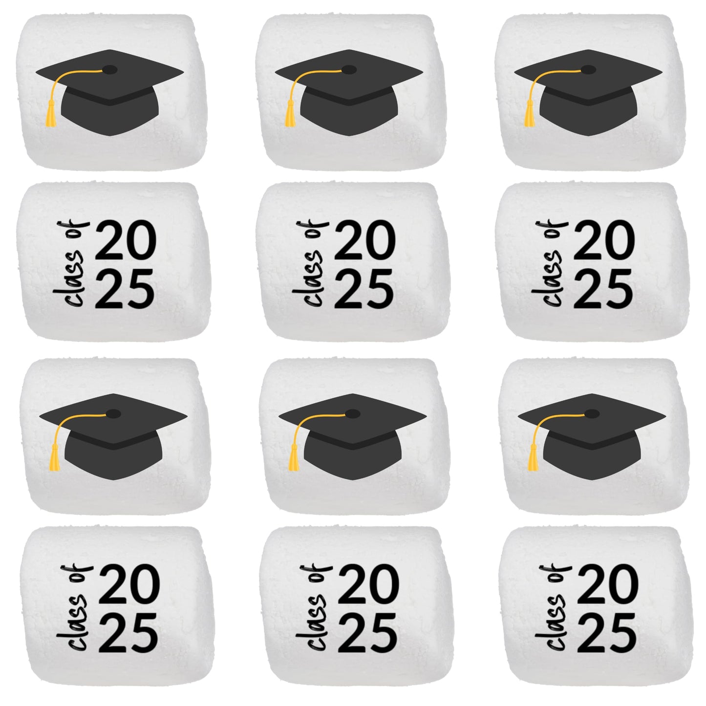 Candy With A Twist Jumbo Marshmallows - Black - 12 Count - Graduation Cap - Class of 2025 - Individually Wrapped