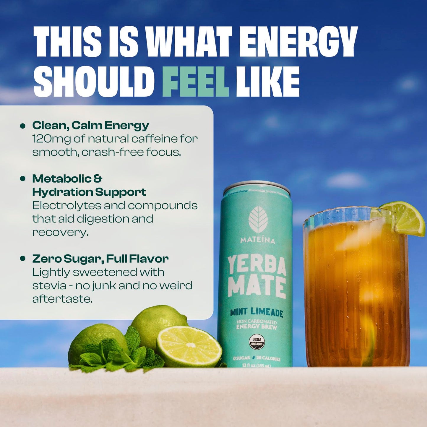 Mateina Yerba Mate Zero Sugar Energy Drink - 120mg Natural Caffeine - Organic  Non-GMO  Non-Carbonated - Dr. Andrew Huberman Recommended - 12 Pack (12oz Cans) (12 Pack  Mint Limeade)