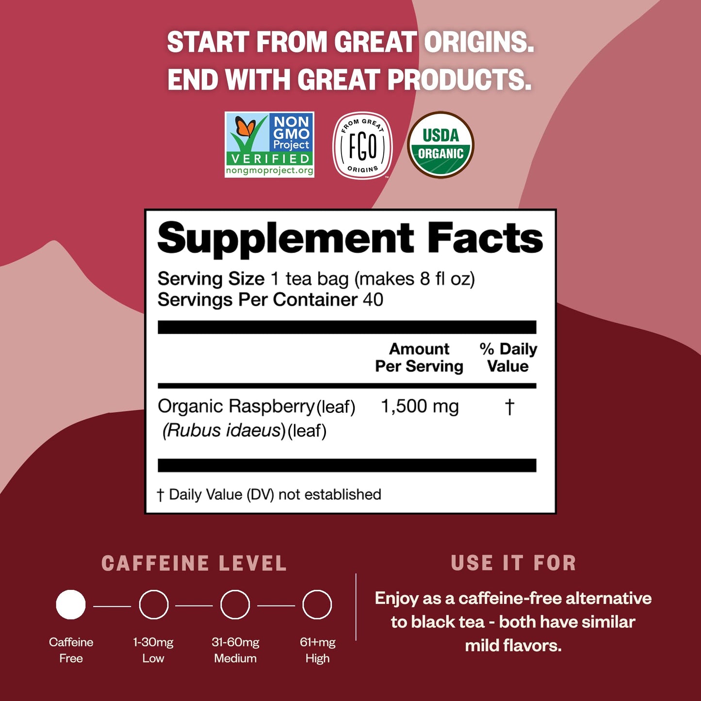 FGO Organic Red Raspberry Leaf Tea Bags, 100 Count, Eco-Conscious Kraft Bag, Raw from Germany, Model FGO-RRLF-TEAB-100