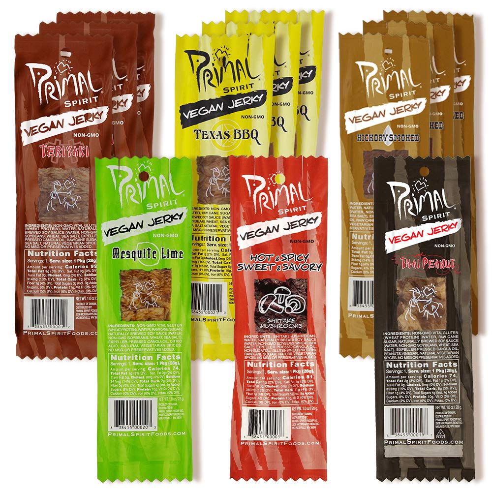 Primal Spirit Vegan Jerky 12-Pack - 10g Plant-Based Protein, Teriyaki, Hickory Smoked, Texas BBQ, Thai Peanut, Hot & Spicy, Mesquite Lime