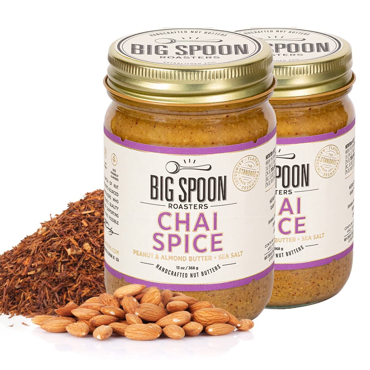Big Spoon Roasters Chai Almond & Peanut Butter, Keto Friendly, 26 Ounces, Vegan, Low Sugar, Crunchy Nut Butter, Pack of 2