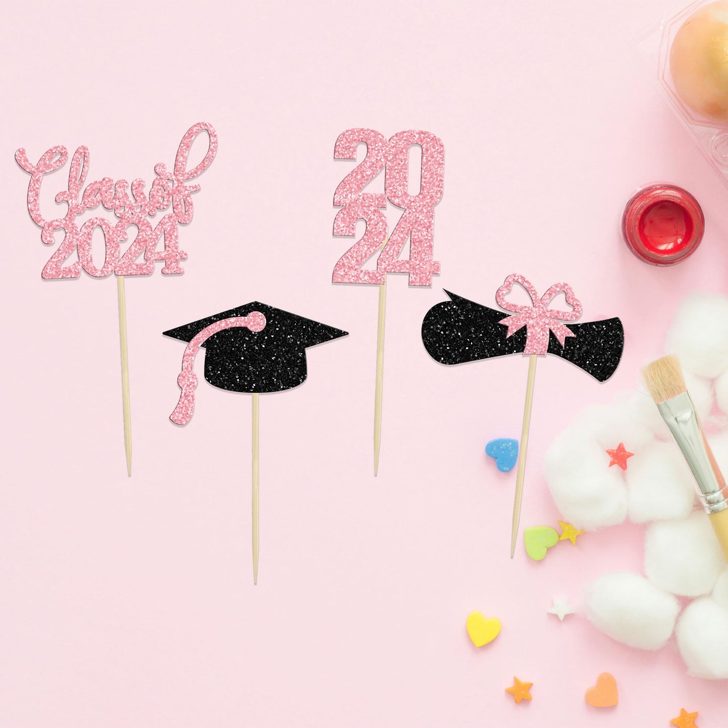 36 Pack 2024 Graduation Theme Cupcake Toppers Glitter Class Of 2024 Diploma Graduation Cap Cupcake Picks 2024 Graduation Theme P