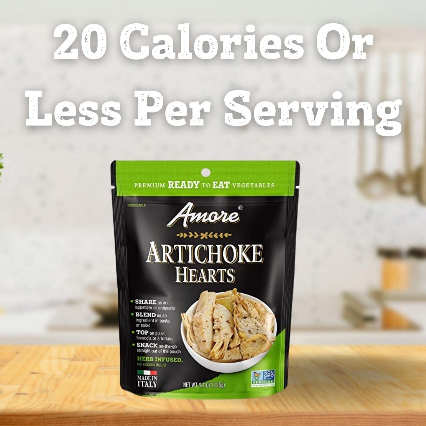 Amore Artichoke Hearts Vegan - Non Gmo Certified Ready-To-Eat Herb Infused Vegetables In Resealable Bags, 4.4 Ounce (Pack Of 10)