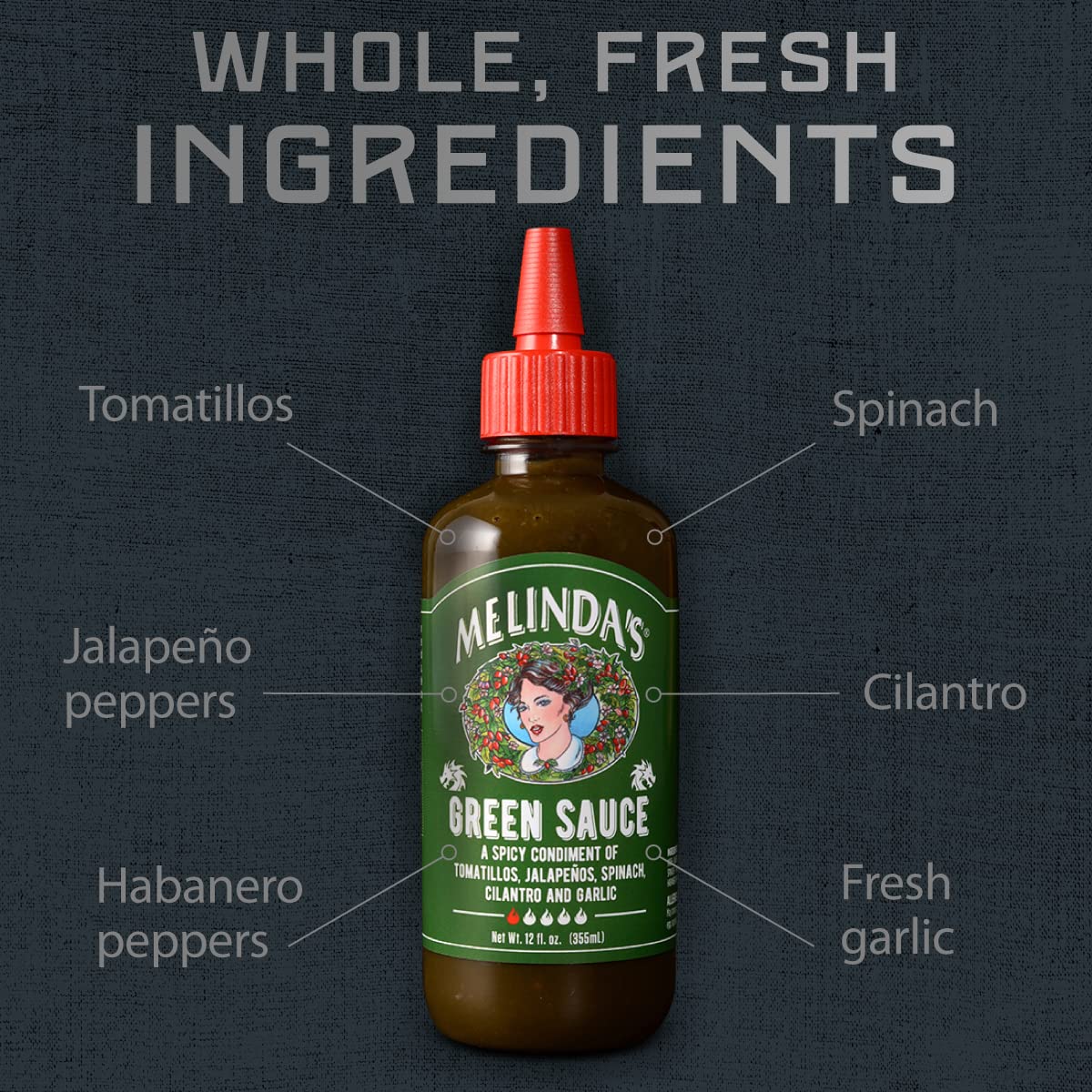 Melindas Green Sauce - Gourmet Mild Chile Verde Hot Sauce Made With Fresh Ingredients, Tomatillos, Jalapeo, Spinach & Cilantro -