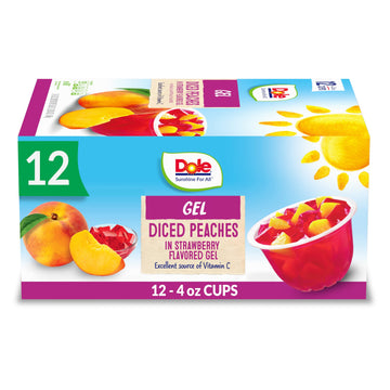 Dole Fruit Bowls Peaches in Strawberry Flavored Gel Snacks, 4.3oz 12 Total Cups, Gluten & Dairy Free, Bulk Lunch Snacks for Kids