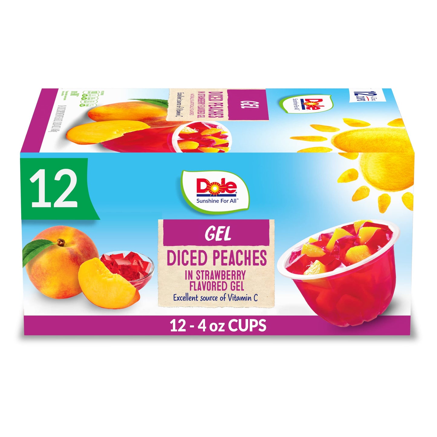 Dole Fruit Bowls Peaches in Strawberry Gel Snacks, 4.3oz, 12 Cups, Gluten & Dairy Free, Bulk Lunch Snacks