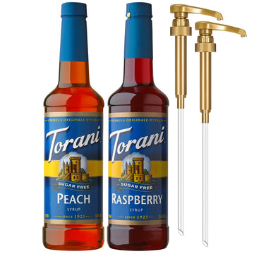 Torani Sugar Free Raspberry Syrup and Sugar Free Peach Syrup Variety 2-Pack, Flavored Syrups for Drinks, Pumps Included, 25.4 Fl