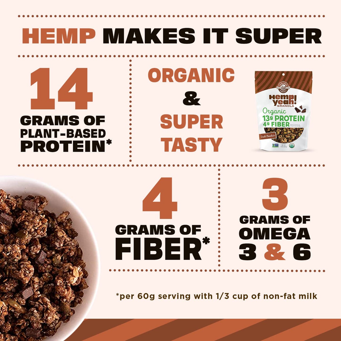 Manitoba Harvest Hemp Yeah Granola, Dark Chocolate, 10Oz, With 13 G Of Protein, 3 G Omegas 3 & 6, 4 G Of Fiber And Less Than 10 G Sugar Per Serving, Organic, Non-Gmo, (Pack Of 6) Packaging May Vary