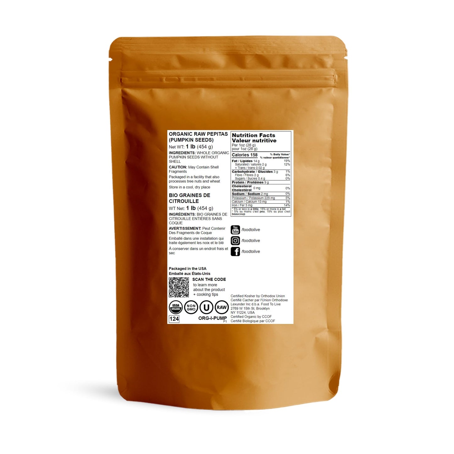Food To Live Organic Raw Pepitas, 1 Pound — Non-Gmo, Pumpkin Seed Kernels, Unsalted, No Oil, No Shell, Vegan, Kosher, Bulk. Keto Snack.