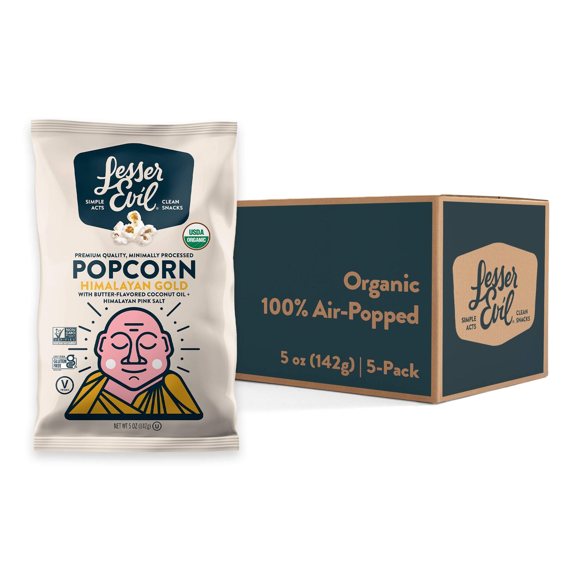 LesserEvil Himalayan Gold Organic Popcorn, No Artificial Ingredients, Coconut Oil, Pack of 5, 5 oz Bags